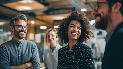 Ai group of coworkers share laughter and conversation in office setting during work hours