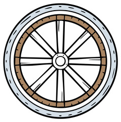 Rustic wooden wagon wheel with a metal outer rim and spokes cartoon illustration