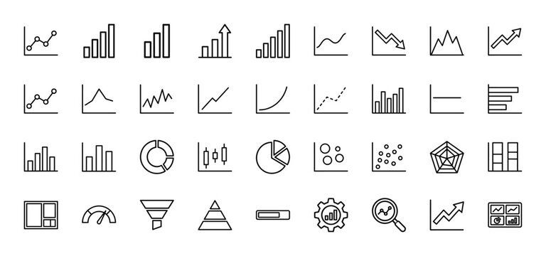 Business and finance line icon set. Vector pictograms of bar charts, pie graphs, and data analysis tools, thin outline illustration.