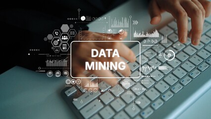 Hands Typing on Keyboard with Data Mining Graphic Overlay in Modern Office Environment. Asymptotic smart data analytic.