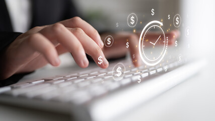 The concept of 'time is money' in business and finance. Represents financial efficiency, investment...