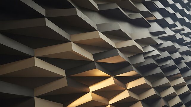Abstract geometric pattern with triangular shapes and light creating depth and shadow play