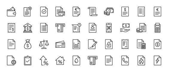Finance and banking line icon set. Vector pictograms of receipts, bills, credit cards, currency, and money, thin outline illustration.