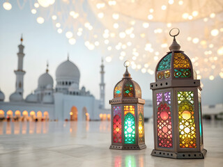 Ramadan lanterns with mosque background islamic celebration and festive decoration