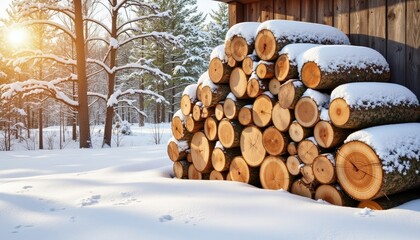 Stack of firewood covered in snow beside wooden cabin in winter  