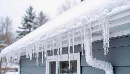Icicles hanging from the roof of a grey house in winter