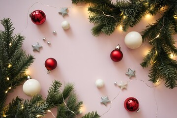 Merry Christmas and Happy Holidays greeting card, frame, banner. New Year. Noel. Red and white Christmas decorations and g top view. Winter xmas holiday celebration