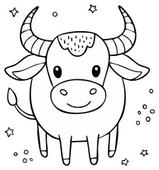 Fototapeta premium Cute cartoon bull or ox coloring page for children with stars Black and white line art illustration