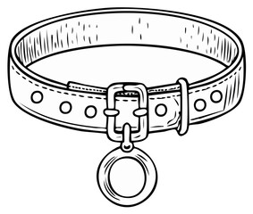 Black and white hand drawn sketch of a pet collar with buckle and round ID tag