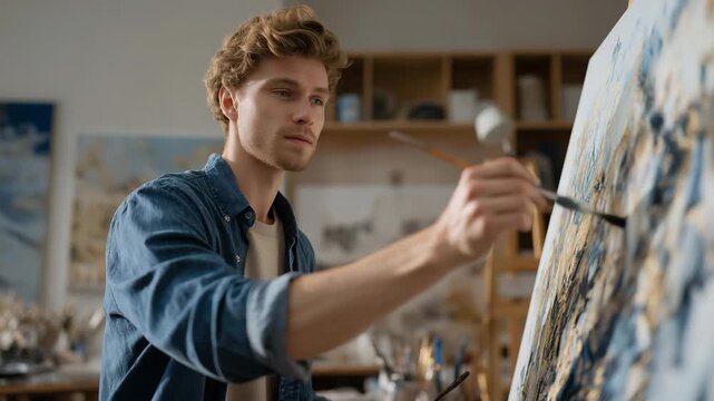 Veteran artist painting an abstract piece inspired by peace and hope in a minimalist art studio &mdash; concept of creative therapy, mindfulness through art, emotional expression, and personal growth