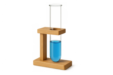 Test tube with blue liquid in a wooden stand, representing science, research, education, and chemical analysis