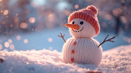 毛糸の雪だるまと雪原、ボケ背景、クリスマスシーン