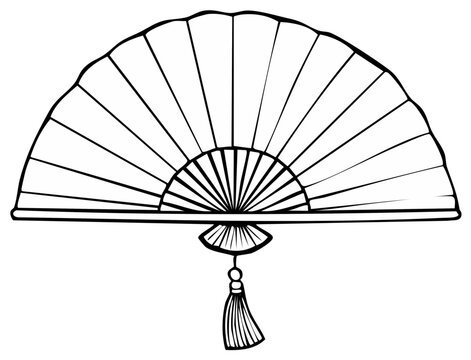 Elegant traditional Asian folding hand fan with tassel, black and white line art illustration.