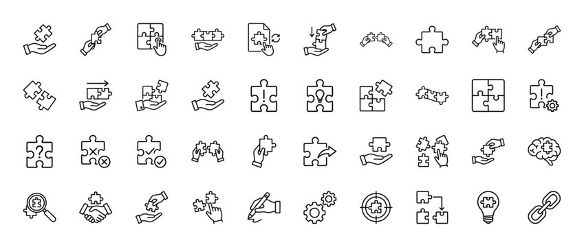 Business solution line icon set. Vector pictograms of puzzle pieces, collaboration, problem-solving, and strategy, thin outline illustration.