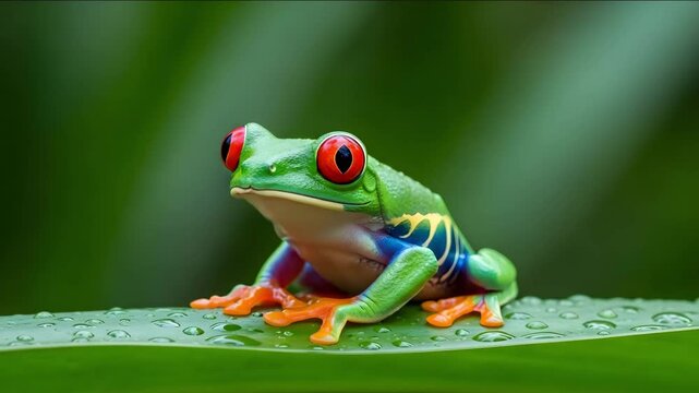 Red eyed tree frog sitting on a leaf with water droplets on it 4k video