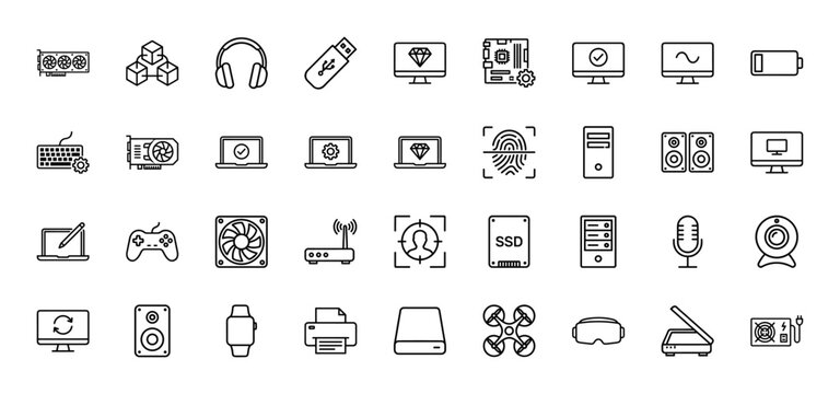 Technology and hardware line icon set. Vector pictograms of computers, peripherals, components, and gadgets, thin outline illustration.