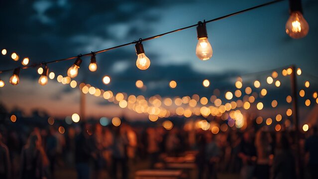 Festoon lighting outdoor party lights at night silhouette. Backyard party lights at night. Outdoor event or gathering illuminated by warm, ambient string lights. Rooftop party social gathering.
 