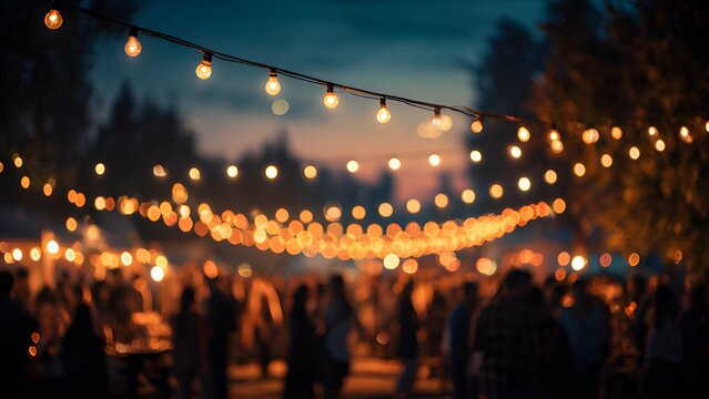 Festoon lighting outdoor party lights at night silhouette. Backyard party lights at night. Outdoor event or gathering illuminated by warm, ambient string lights. Rooftop party social gathering.
 