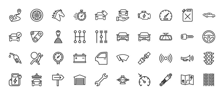 Automotive transport line icon set. Vector pictograms of car parts, vehicle maintenance, and driving essentials, thin outline illustration.