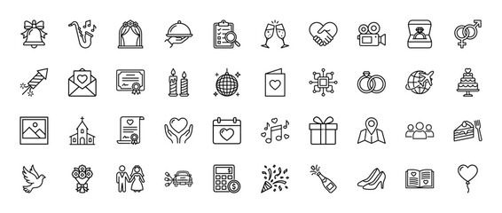 Naklejka na ściany i meble Wedding and marriage line icon set. Vector pictograms of rings, cake, camera, dress, and car, thin outline illustration.
