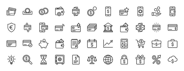 Finance and money line icon set. Vector pictograms of credit card, wallet, bank, payment, and currency, thin outline illustration.