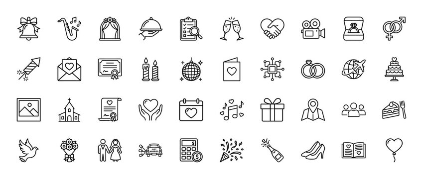 Wedding and marriage line icon set. Vector pictograms of rings, cake, camera, dress, and car, thin outline illustration.
