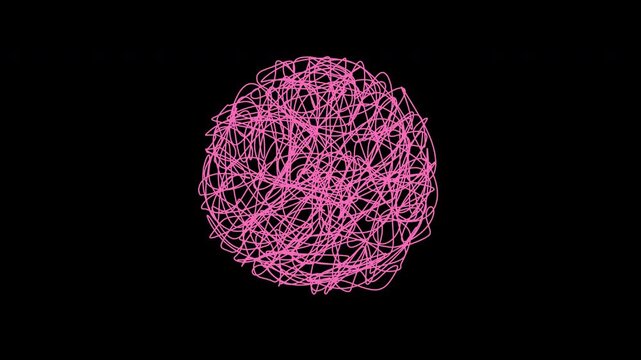 Looped hand-drawn animation. Chaotic tangle or pink line sketch in the form of a spherical scribble. Nervous, tangled doodle circle or thread knot spinning on a transparent background. Alpha channel