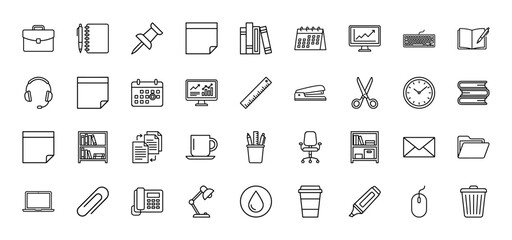 Fototapeta premium Business and office supplies line icon set. vector pictograms of briefcase, calendar, laptop, and stapler, thin outline illustration.