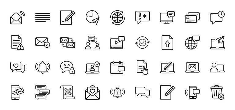 Communication and notification line icon set. Vector pictograms of email, message, clock, alert, and writing, editable stroke illustration.