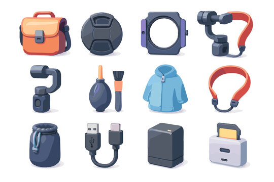 Bag battery pouch icons accessory reader cover photography vector lens cable spare