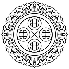 Intricate floral patterned mandala features four circles with cross patterns and symmetrical design, suitable for coloring or decorative projects