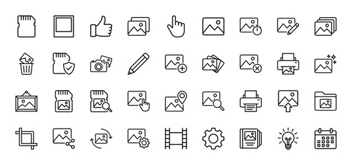 Photography and image editing line icon set. Vector pictograms of picture file, memory card, camera, printer, and editing tools, thin outline illustration.