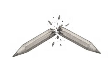 Pencil breaking in half with wood splinters representing stress, frustration, and writer's block concept