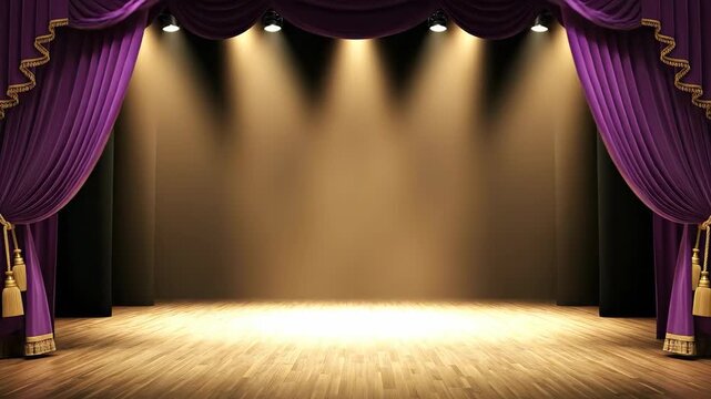Elegant purple curtain opens to reveal spotlighted wooden stage in dramatic theatrical scene