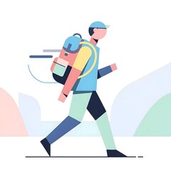 Minimalist flat illustration of a person walking with a backpack, representing journey, adventure, and exploration in a modern design style