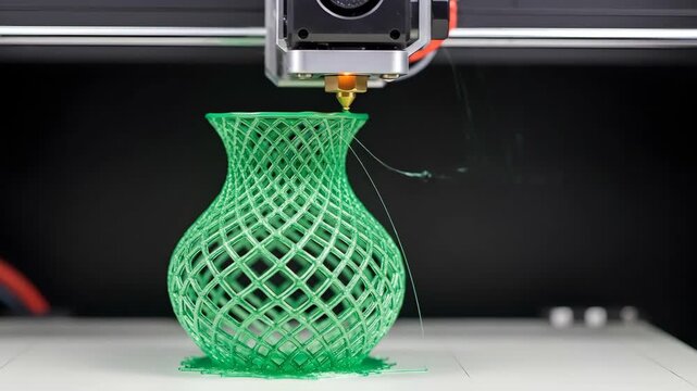 Modern 3d printer creating intricate green vase with precision and speed in timelapse