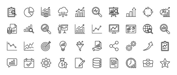 Business and finance line icon set. Vector pictograms of charts, graphs, analysis, and data reports, thin outline illustration.