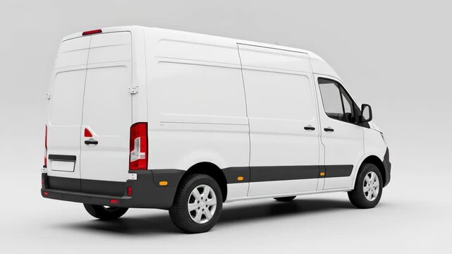 White delivery van rotating in studio: threequarter and side views in high resolution