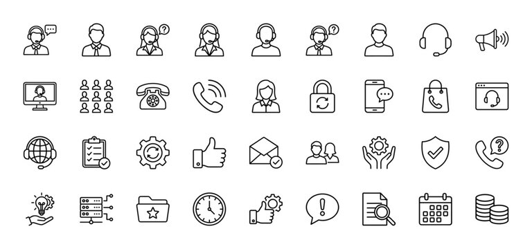 Customer service and support line icon set. Vector pictograms of headset, phone, chat, calendar, and settings, thin outline illustration.