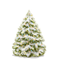 Watercolor classical vintage green Christmas tree with luminous shiny garland lights and snow isolated on white background. Watercolor and pencil hand drawn illustration sketch