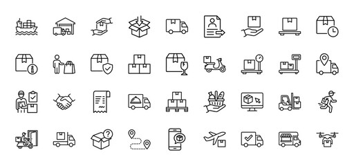 Logistics and delivery line icon set. Vector pictograms of shipping truck, package, warehouse, and courier, thin outline illustration.