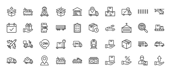 Fototapeta premium Logistics and shipping line icon set. Vector pictograms of delivery truck, parcel box, plane, ship, and warehouse, thin outline illustration.
