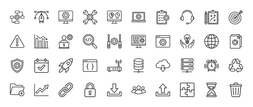 Technology and development line icon set. Vector pictograms of settings, data, security, and project management, thin outline illustration.