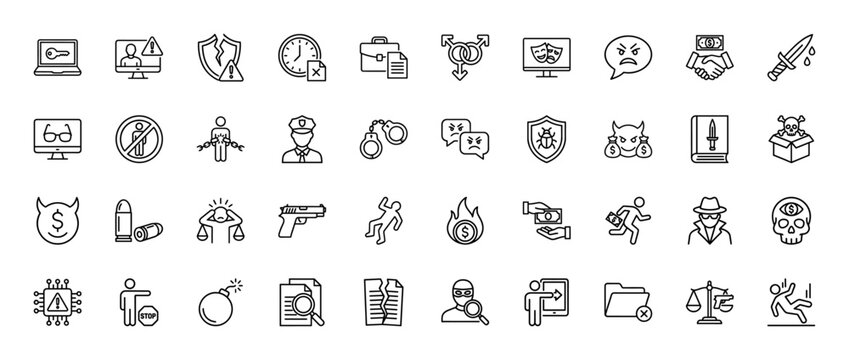 Crime, security, and law line icon set. Vector pictograms of handcuffs, bomb, victim, skull, and police officer, thin outline illustration.