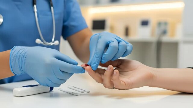 Nurse conducting blood glucose test on patient's finger in medical clinic