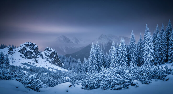 Winter landscape with snow-covered trees and mountain peaks under a cloudy sky, showcasing stillness, tranquility, and the peaceful beauty of nature - Powered by Adobe