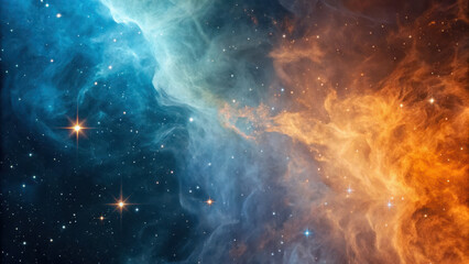 Astrology theme illustration.vibrant cosmic scene with swirling blue and orange nebulae, stars scattered across space