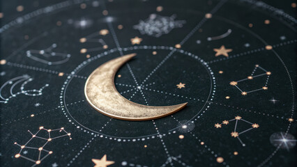 Astrology theme illustration.Crescent moon on astrological chart with constellations and stars