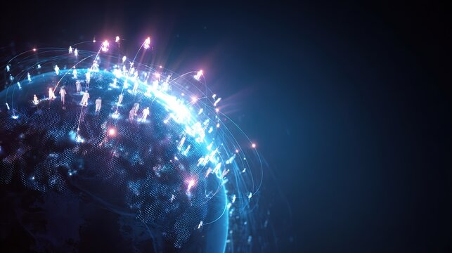 Global Network Connectivity: The world comes alive in a vivid display of interconnectedness, as shimmering lines of light weave around the globe.