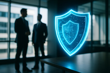Corporate shield glowing with digital security protection symbolizing safe business infrastructure network defense encryption and technology